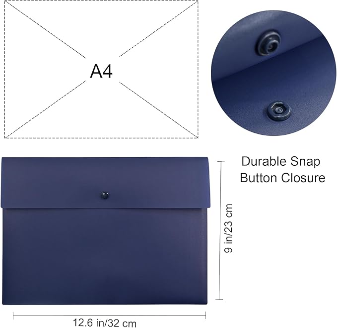 VANRA Poly File Folder Pockets File Jacket Plastic Envelope Flat Document Letter Organizer with Snap Button Closure A4 Letter Size (Pack of 5, Navy Blue)