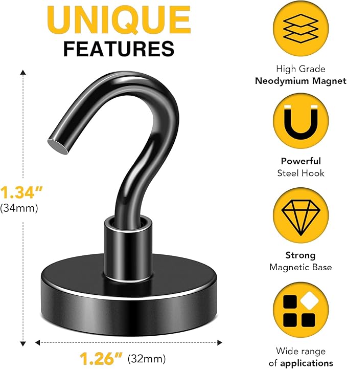 DIYMAG Black Magnetic Hooks, 118 LB Heavy Duty Strong Magnet with Hooks, Strong Rare Earth Neodymium Magnet Hooks for Hanging, Magnetic Hanger for Curtain, Home, Kitchen, Workplace, 20 Packs