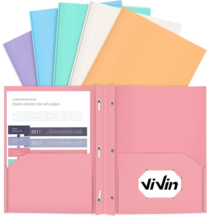 ViVin Heavy Duty 12-Pack Plastic Folder, Pastel Colors, 2 Pocket Letter Size Poly File, Cute Plastic Folders with 3-Prong Fasteners, for School, Home and Office (Assorted Color)