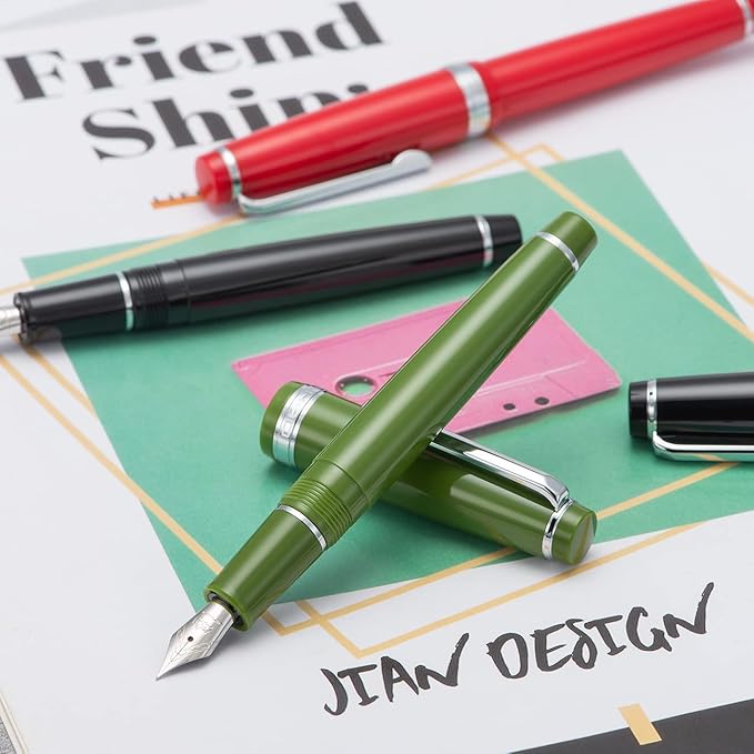 Jinhao 82 Black Acrylic Fountain Pen, Iridium Fine Nib Classic Design Smooth Writing Pen with Ink Converter (Silver Trim)