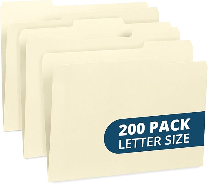 200 Blue Summit Supplies Manilla Folders - Letter Size File Folders with 1/3 Cut Top Tabs, Assorted Positions, Durable 11pt Manila Paper for Office Organization