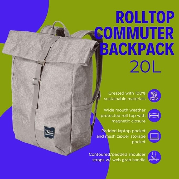 Skyway Luggage Rainier Rolltop Commuter Casual Daypack for Work or Hiking, Eco-Friendly, Made of 100% rPET Travel Laptop Bag for Women & Men, 20L, Zion Gray