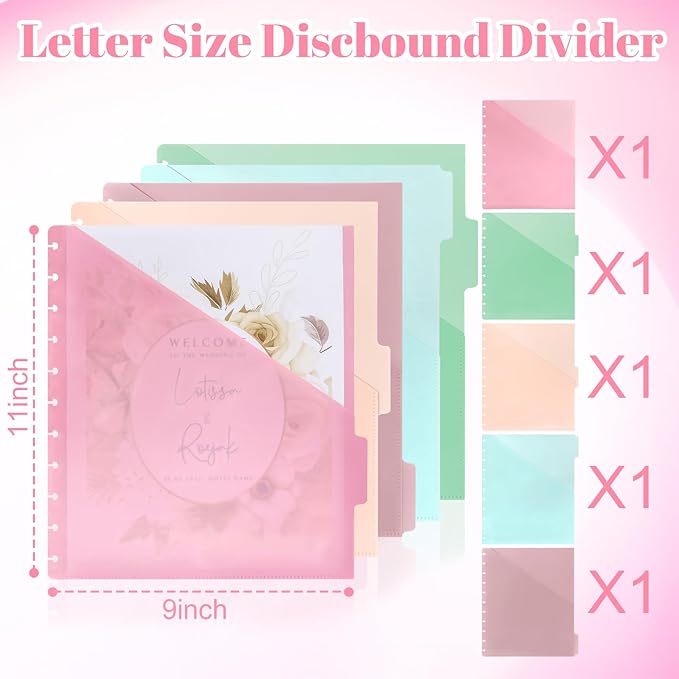 5 Pcs Letter Size Discbound Dividers with Tabs and Pockets - 8.5 x 11 Plastic Dividers for Office