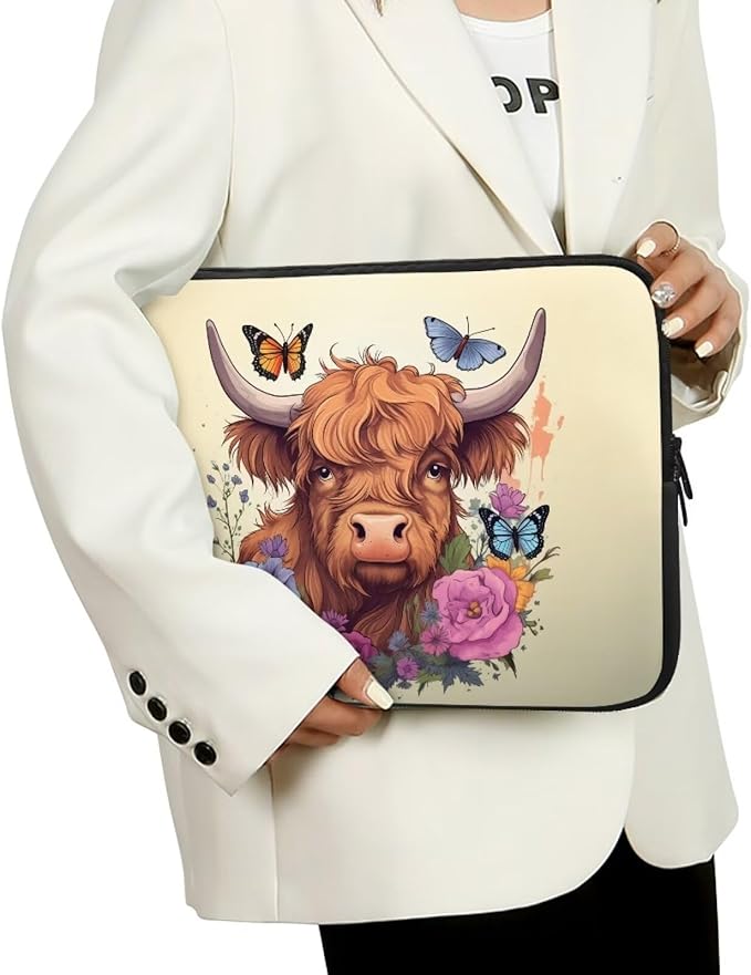 Highland Cattle Laptop Sleeve for Women 15 inch Lap Top Case Lightweight Laptop Protector Zippered Pouches with Humanize Design Computer Carrying Case Flower Cow Tablet Bag Briefcase