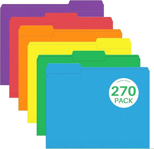 File Folder, PANDRI 270 Pack Colored File Folder, 1/3 Cut Tabs, Letter Size, Assorted 6 Colors Filing Folder for Office School Business