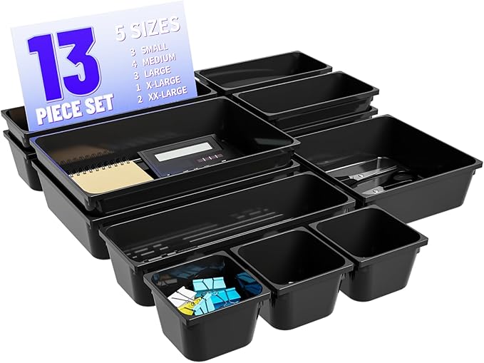 Utility Drawer Organizer Set of 13,With Non-Slip Silicone Pads, 5 Size Small Bins for Organization for Bathroom、Vanity、Nightstan、Kitchen、Office Desk Black Plastic Organizing Containers for Drawers