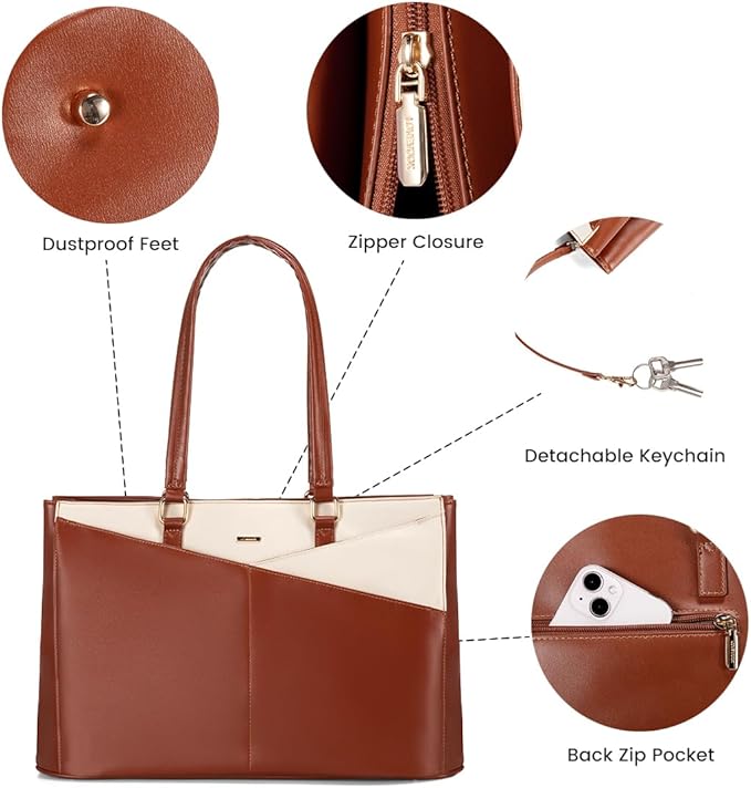 LOVEVOOK Laptop Bag for Women 15.6 Inch Tote Bags Waterproof Leather Briefcase Computer Women Business Office Work Bag,Brown-White