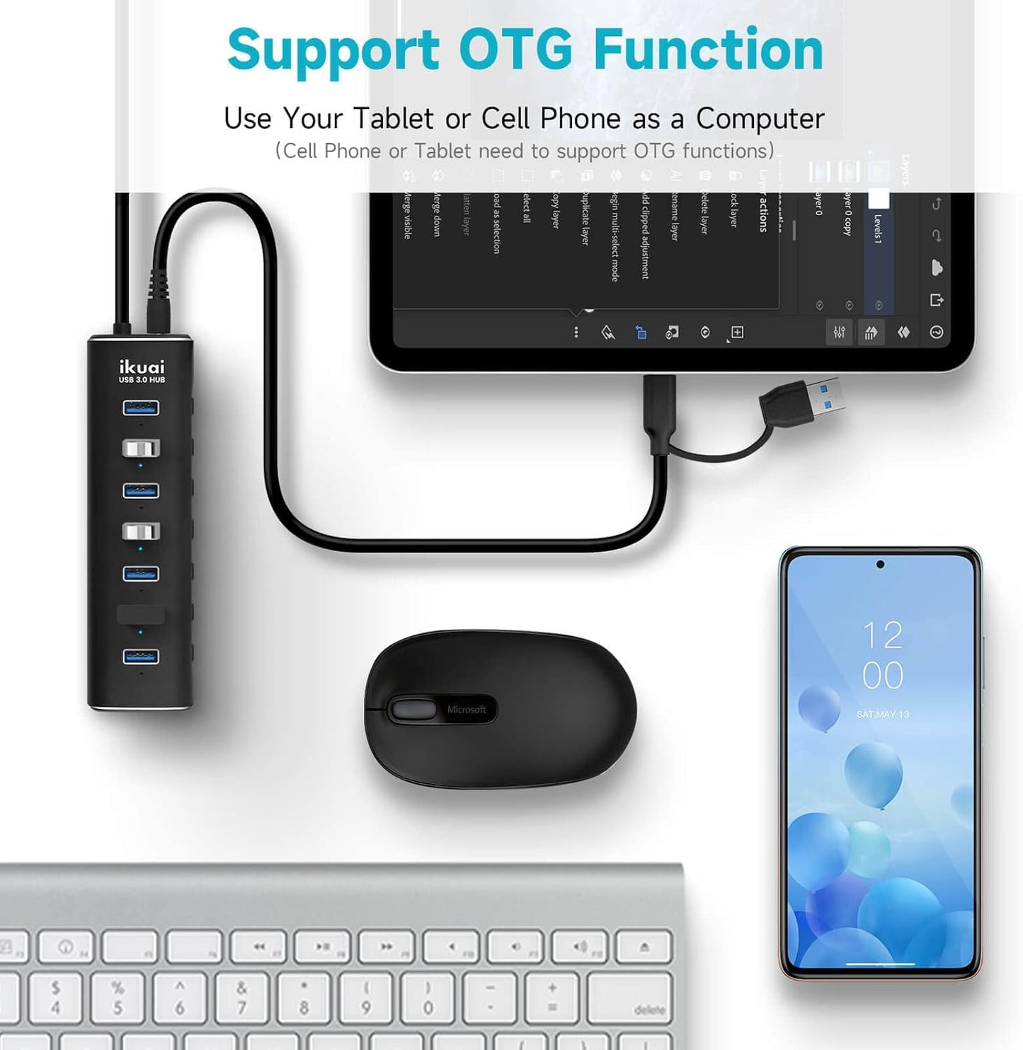 Powered USB 3.0 /USB C Hub, ikuai Aluminium 7-Port USB Hub Splitter with AC Adapter LED Individual On/Off Switches and 3.3ft Extended Long Cable for Laptop, Mac, PC, Flash Drive, Mobile HDD