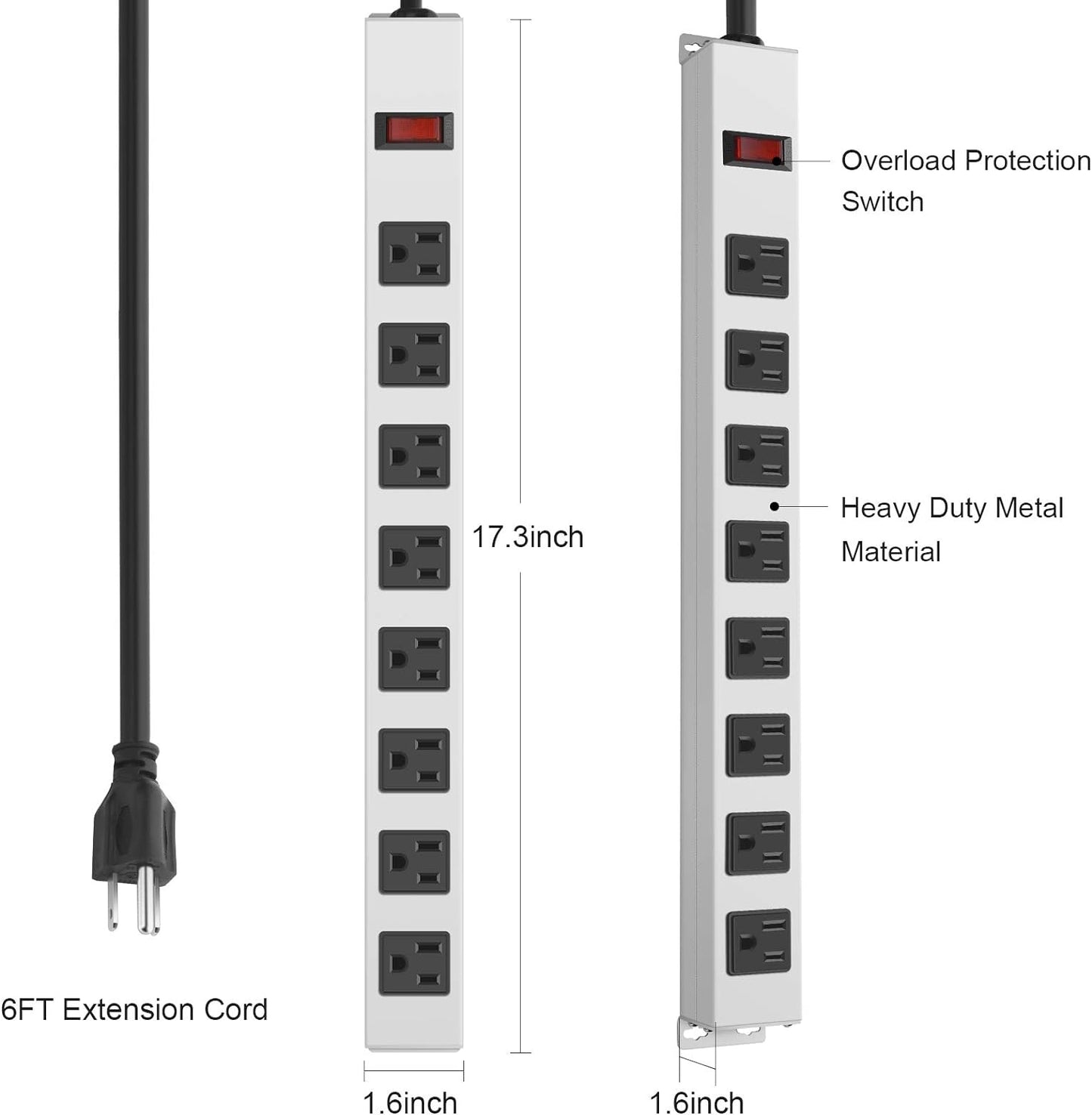 JUNNUJ Metal 8 Outlet Power Strip, Mountable Heavy Duty Power Strip, 1200J Surge Protector Wall Mount Screws Outlet with Switch, Gaming Desk Strips Wide Spaced 15A 125V 1875W, 6 FT 14AWG Power Cord