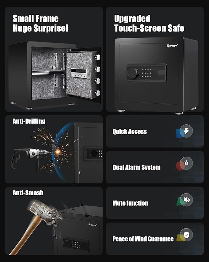 Kavey 1.6 Cub Home Money Safe with Digital Touch Screen Keypad and Sensitive Alarm System, Removable Shelf and LED Light for Money Jewelrys Documents Valuables, Small