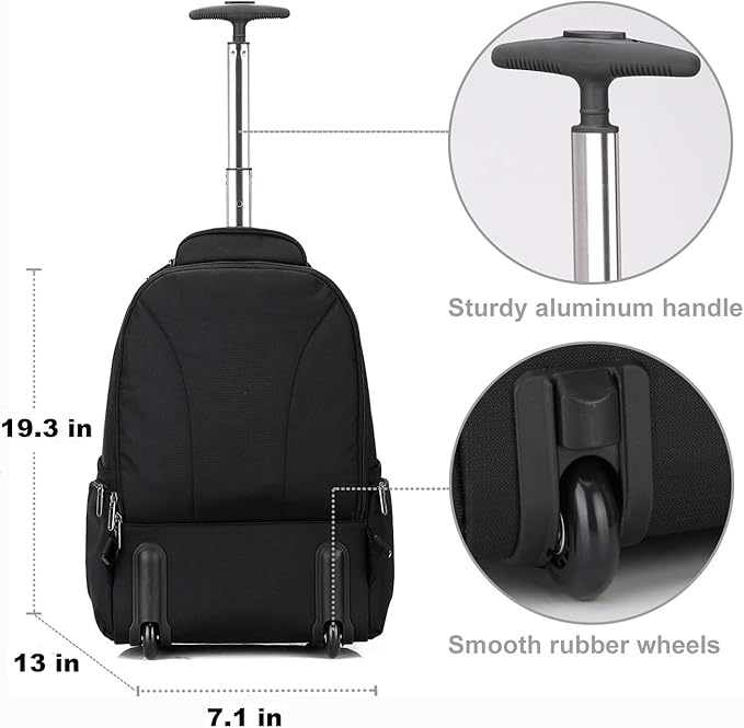 OIWAS 17.3 inch Rolling Backpack with Wheels, Laptop Wheeled Backpack with Wheels for Adults, Travel Carry on Luggage Business Roller Computer Bag Work Trolley Suitcase 36L Men Women Black