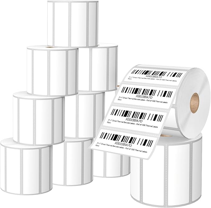 12 Rolls 3" X 1" Address Labels, 1300/Roll - Direct Thermal Labels Compatible with Zebra & Rollo Printers