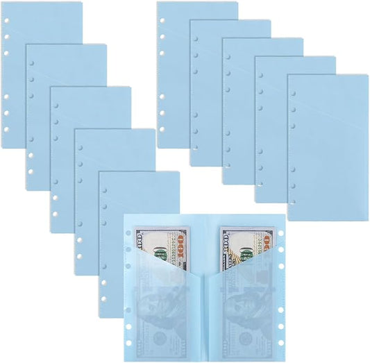 A6 Binder Pockets with No Zipper, Koqye Blue 10 Pcs Plastic Zipless Budget Envelopes, Two Pockets Frosted Cash Envelopes Money Bag for Budgeting, Cash Stuffing (Light Blue)