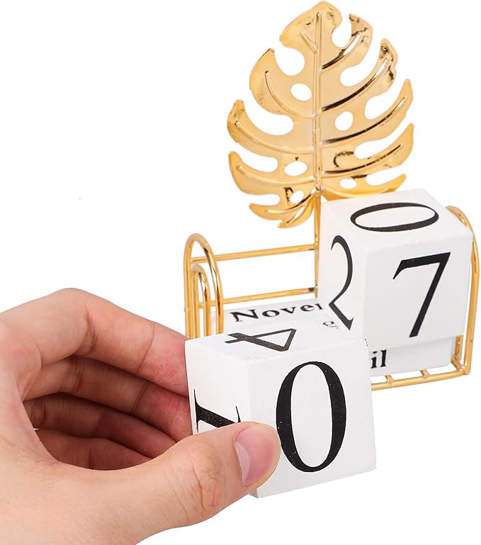 SUPVOX Wooden Block Calendar for Desk Daily Desktop Perpetual Calendar Wood Month Date Display Blocks Farmhouse Desk Accessories for Home Office Decor Reusable Yearly Monstera Leaf Design