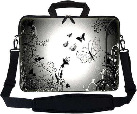 Meffort Inc 17 17.3 inch Neoprene Laptop Bag Sleeve with Extra Side Pocket, Soft Carrying Handle & Removable Shoulder Strap for 16" to 17.3" Size Notebook Computer - Black Gray Butterfly Design