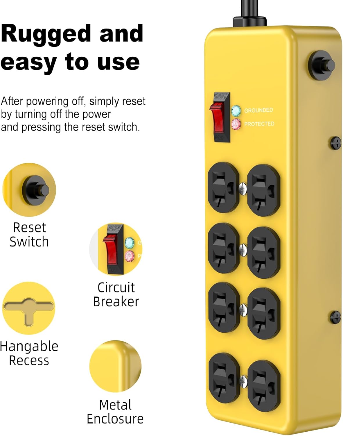 HEZI 20A Power Strip Surge Protector Durable Metal 8-Outlet with Heavy Duty 20 Amp Extension Cord, 12 Gauge for Garage,Workshop & Industrial Use with 6-20R T-Slot Outlets,4800J(Yellow,10FT)