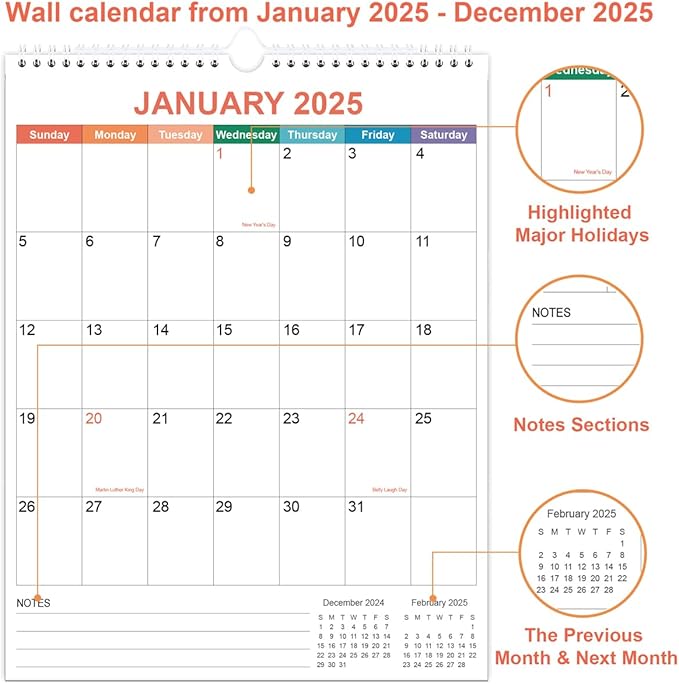 2025 Calendar - Wall Calendar 2025 from January 2025 - December 2025, 12 Months Calendar with Twin-Wire Binding & Hanging Hook, 8.5" x 11", Vertical Calendar, Colorful