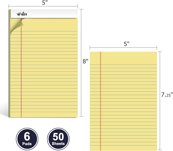 ViVin 5 x 8 Inch Legal Pads, 6 Pack, Narrow Ruled, 50 Sheets Per Writing Pad, Perforated Note Pads Ideal for Home, Office, Business, 300 Sheets (6 Pack of 50), Canary Yellow Paper