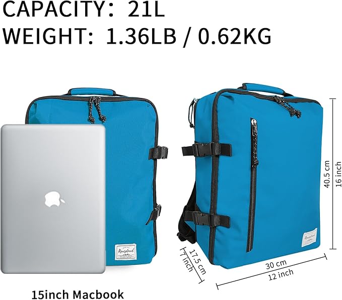 Cabin Hand Luggage Backpack Small Carry-On Daypack Airplane Travel Under-seat for Women Men fits 15.6-inch Laptop, Water Blue