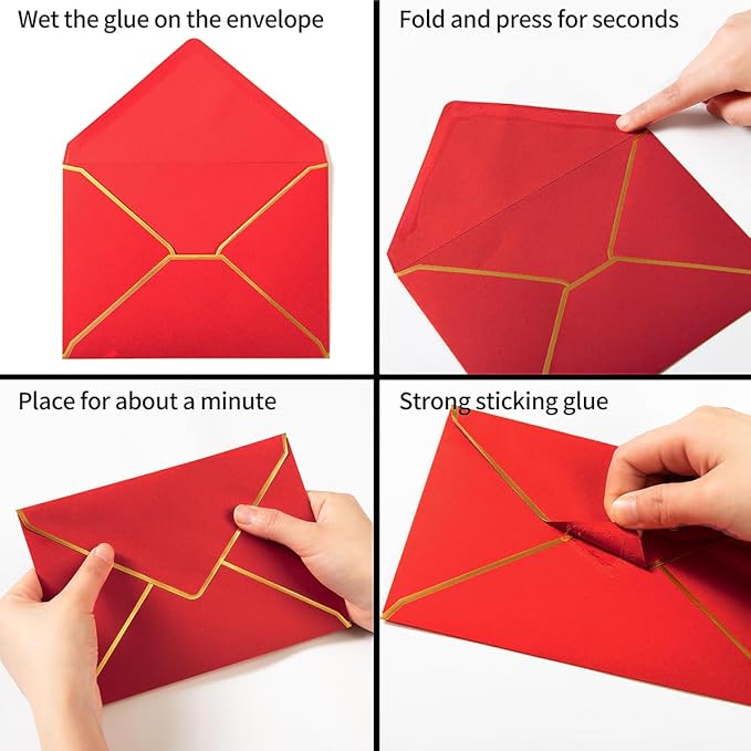 50 Pack A7 Envelopes Red 5 x 7 Self-Adhesive V Flap Envelopes with Gold Border for Office, Greeting Card, Wedding, Graduation, Baby Shower, Parties, Invitations (Red, 5x7)