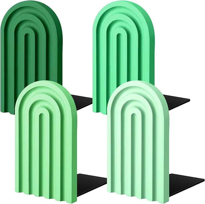 Harloon 4 Pieces Boho Arch Wood Bookends Rainbow Arch Back to School Gift Ideas Non Skid Bookend Decorative Wooden Book Stand Book Stoppers for Books Movies CDs (Green Color)