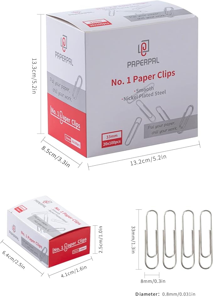 PAPERPAL #1 Smooth Paper Clips, 2000 Medium Paper Clips (20 Boxes of 100 Each), Bulk Paperclips for Office School & Personal Use, Daily DIY, 1-2/7" Silver Paper Clip Standard Size