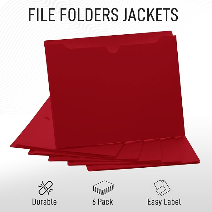 Red File Jackets, 2 Inch Expansion, Letter Size, Reinforced Straight-Cut Tab, 6 Pack