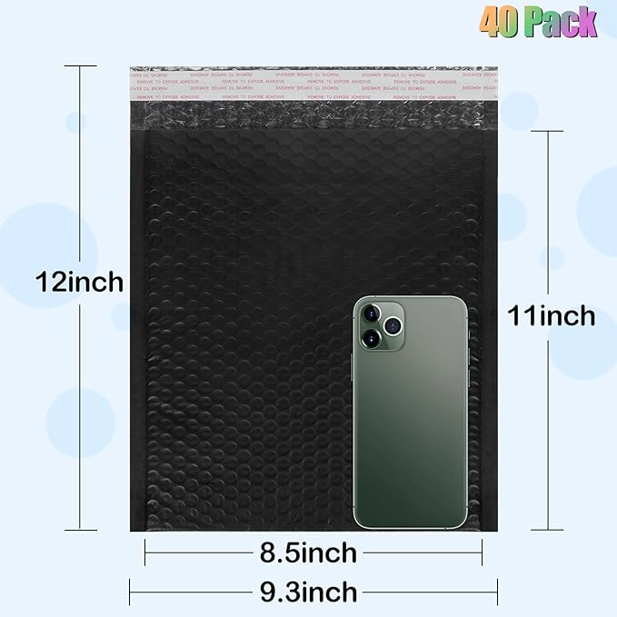 8.5x12 Inch Bubble Mailers 40 Pack, Self Seal Padded Envelopes for Small Business, Waterproof Shipping Bags, Black