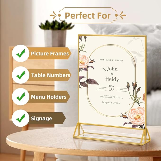 5X7 Gold Frames Double Sided Acrylic Sign Holder Tabletop Picture Frames Vertical Display Stand for Shop School Home,Set of 6