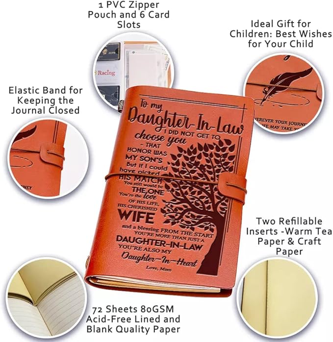 Daughter in Law Gifts from Mother in Law, To My Daughter in Law Leather Journal, 140 Page Refillable Writing Journal, Christmas Birthday Gifts for Daughter in Law for Wedding