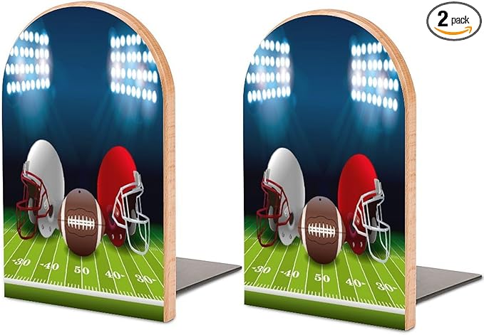 2 Pack Wood Bookends, Sport Ball Football Helmet Non-Skid Book Ends for Heave Books, Decorative Bookends for Shelves Desk, Book Stoppers Book Holders for Home Office Library School