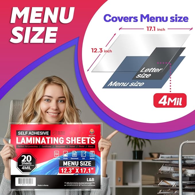 Self Adhesive Laminating Sheets 12.3x17.1 inches, 20 Pack, 4mil Thickness, No Heat or Machine Needed, Waterproof, Self Sealing, Easy Peel and Stick, Heavy Duty Clear Glossy Finish, by VIOLETTO