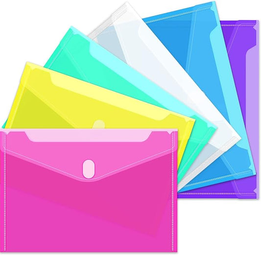Sooez 6 Pack Plastic Envelopes, Plastic File Folders for Documents, Clear School Folder, Colored File Folders Letter A4 Size, Waterproof Poly Envelopes with Closure, 6 Color
