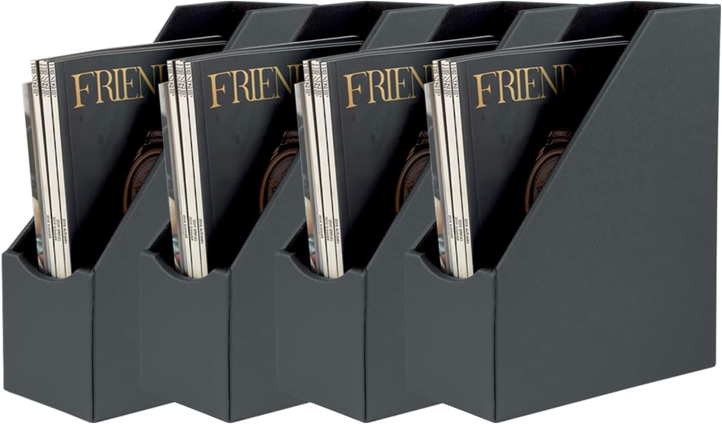 UnionBasic Magazine File Holder - Office Leatherette Desktop Document File Folder Journals Organizer Racks, Grey, Set of 4