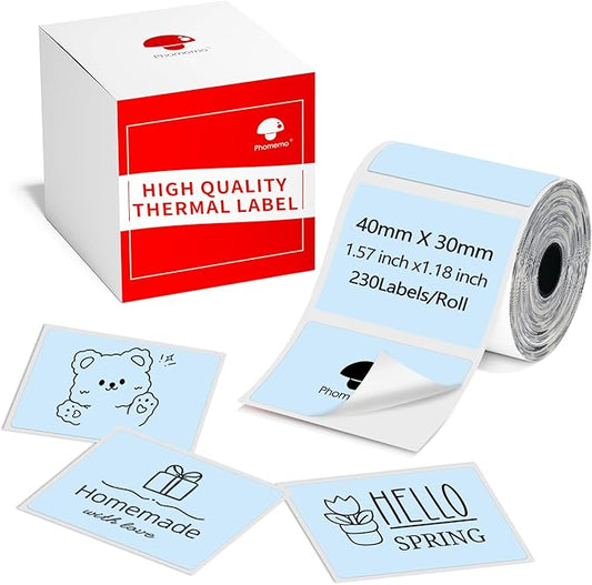 Phomemo Thermal Labels for M110/M120/M220/M150/M250/M221 Label Maker, Self-Adhesive Thermal Label 1.57"x1.18"(40x30mm),230 Labels/Roll, for Barcode,Address, Name, Blue