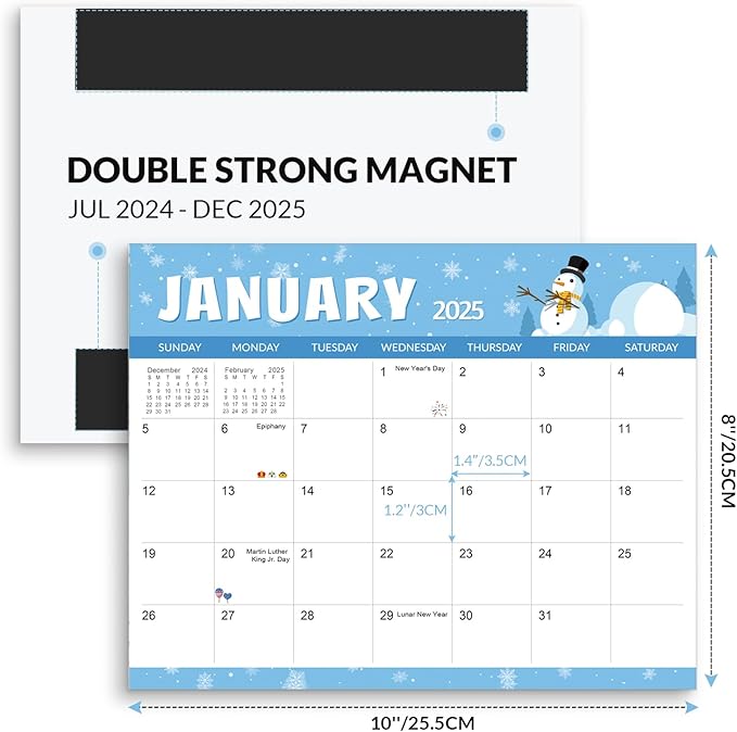 SKYDUE 2025 Magnetic Calendar for Refrigerator, Fridge Calendar 2024-2025, Jul 2024 to Dec 2025 18 Months Magnetic Calendar, 10" x 8", Holiday Theme