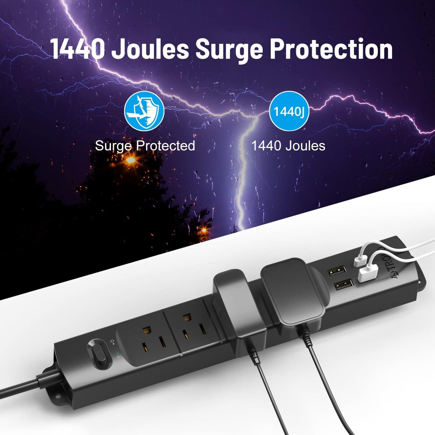 TROND Surge Protector Power Strip with USB, Ultra Thin Flat Plug 6ft Long Extension Cord 1625W, 3 USB A & 1 Type C, 4 AC Outlets 1440J Surge Protection Wall Mount for Home Office Dorm Room, Black