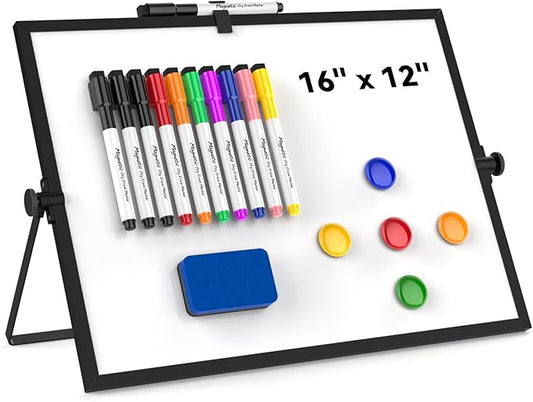 Dry Erase White Board, Cazeyoo Magnetic Desktop Whiteboard 16 x 12inch with Stand, 10 Markers, 4 Magnets and 1 Eraser, Portable Double-Sided White Board for Kids Drawing, Office, Home, School - Black