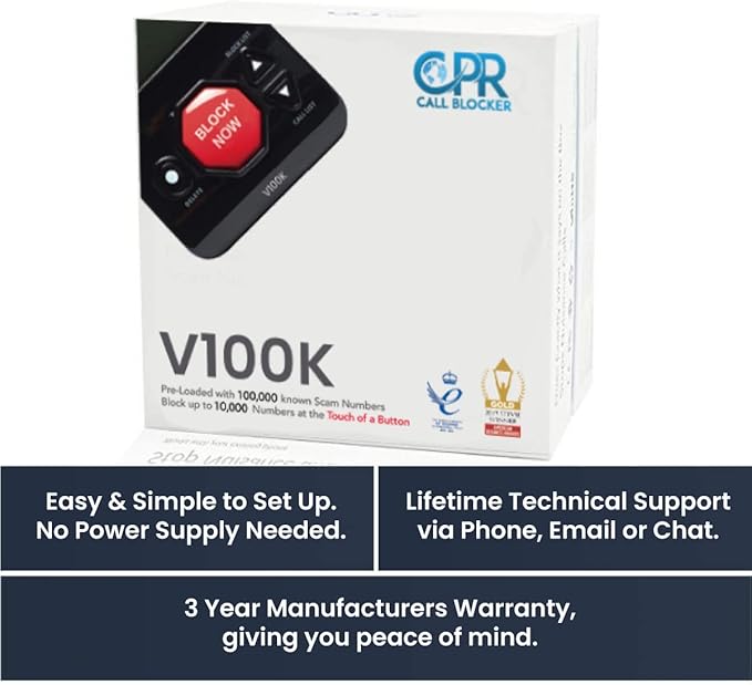 CPR V100K Call Blocker for Landline Phones with Caller ID. Pre-Loaded with 100,000 Nuisance Numbers and Allows Blocking of 10,000 More with a Single Button Press.