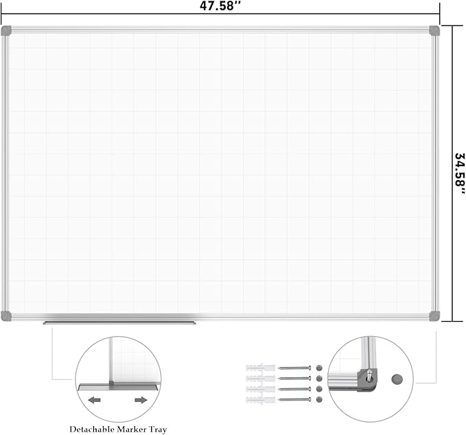 JILoffice Magnetic Dry Erase Planning Board, Grid Pattern White Board 48 x 36 Inch, Silver Aluminum Frame with Detachable Marker Tray for Office School and Home