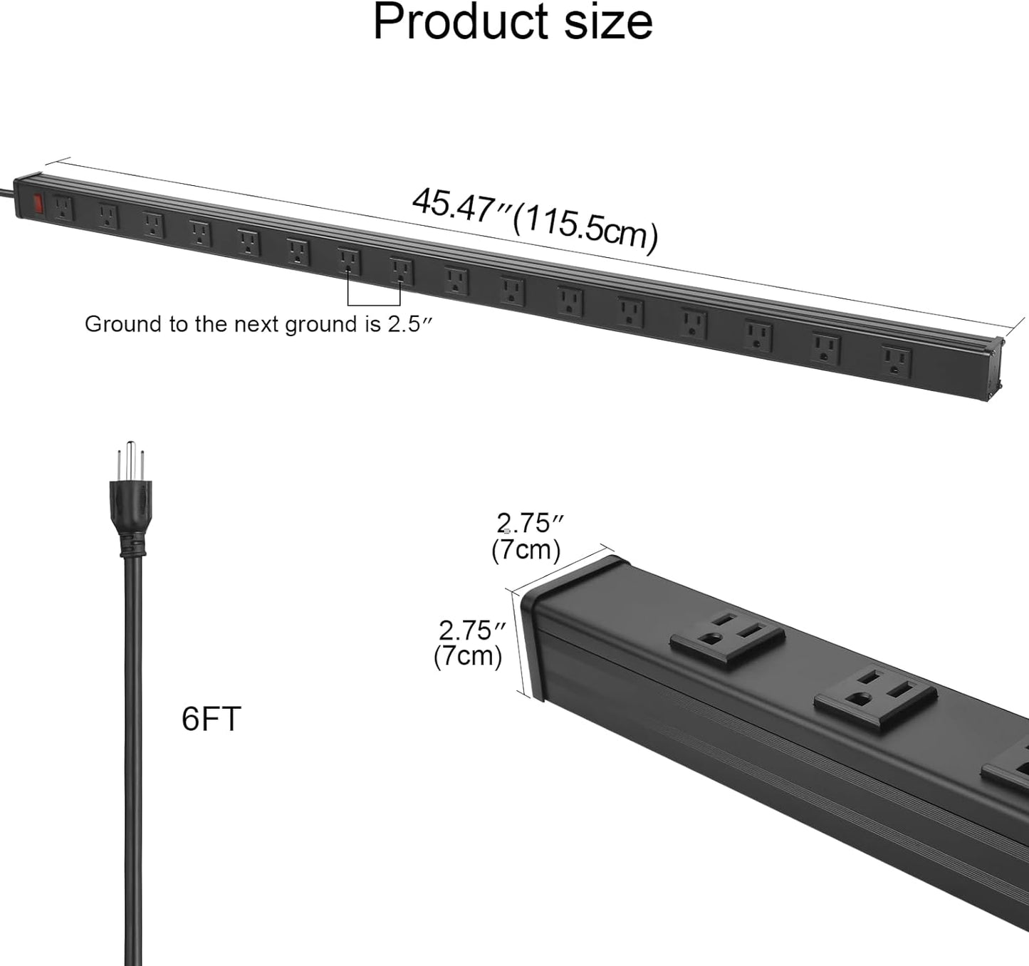 Heavy Duty Power Strip - 16 Outlet Industrial Metal Strip, 6FT Cord, 15A, 125V, 1875W (Black)