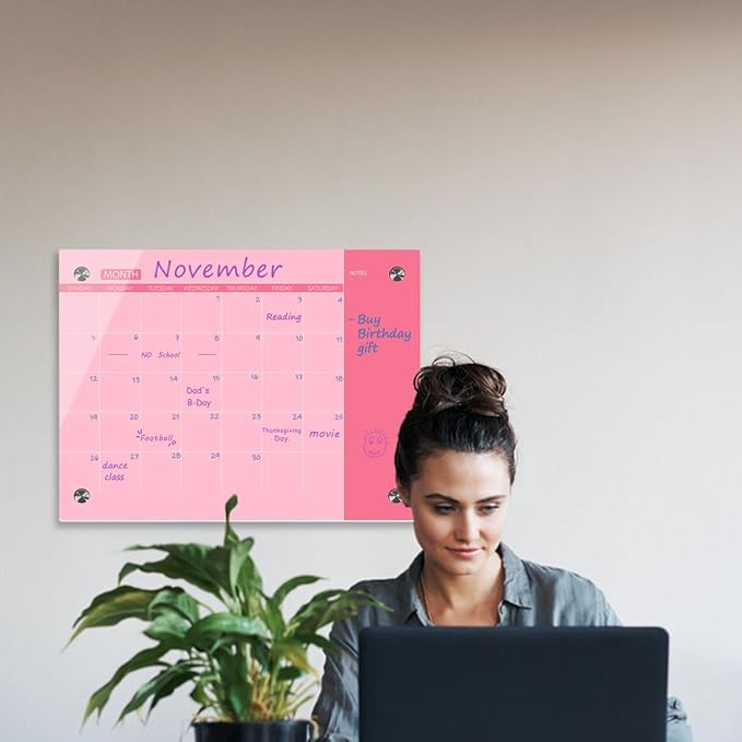 Glass Dry Erase Whiteboard, Pink Glass Monthly Calendar Whiteboard, 18" x 24",Frameless Glass White Board for Home, School, Office, Pink Surface(GlassA-PK-4560)