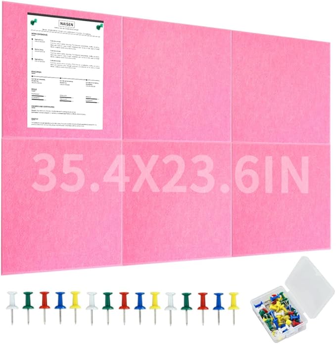 Vuzvuv Pink 35.4"x23.6" Large Cork Board with 50 Push Pins, Self-Adhesive Bulletin Board No Damage for Wall, Felt Pin Board for Paste Notes, Photos, Schedules Offices Home(6 Pcs 11.8x11.8 Inch)