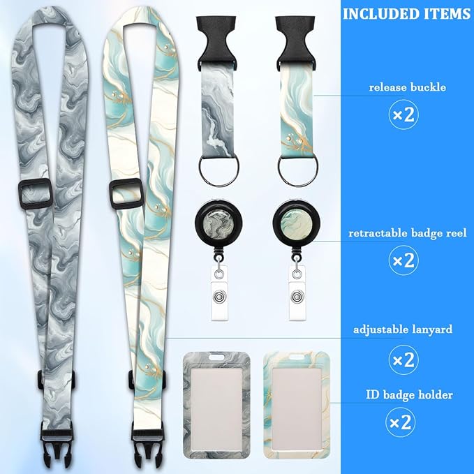 2 Pack Marble Pattern Lanyards Badge Holder, Adjustable Lanyard with Retractable Badge Reel, Elegant ID Badge Holder for Teachers, Nurses, Students, Office Staff & Travel Essentials