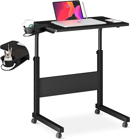 Klvied Standing Desk Adjustable Height, Stand Up Desk with Cup Holder, Portable Laptop Desk, Mobile, Small Computer Desk, Bedside Table, Black Rolling Desk, Work Desk for Home Office