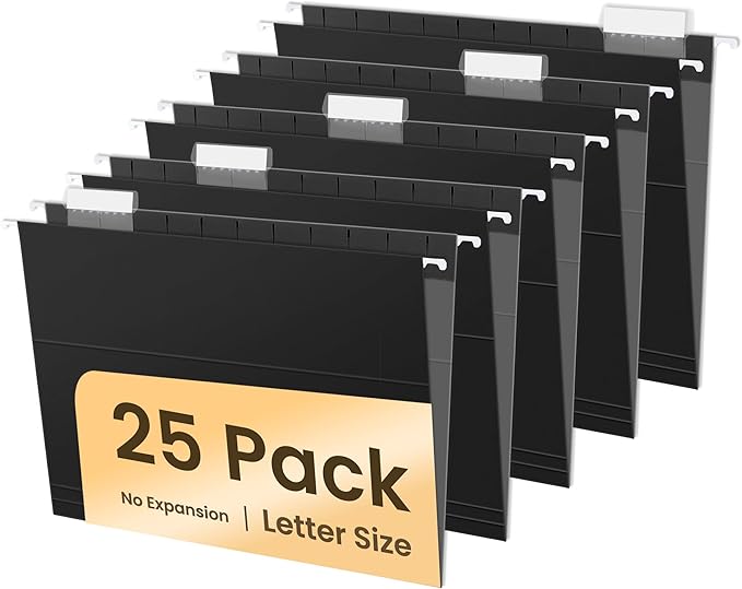 SUNEE 25 Pack Hanging File Folders, Black Folders, Hanging File Folders Letter Size with 1/5-cut Tabs, Stay Organized for Your Home and Office Bulk File and Documents