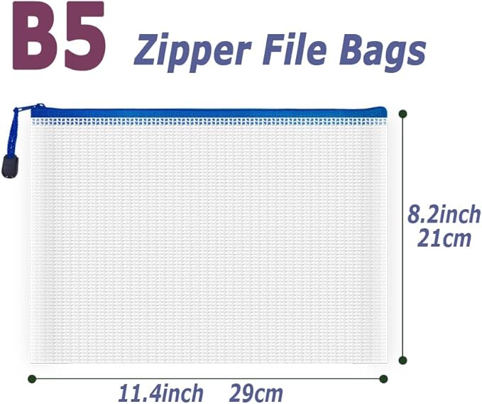 AUSTARK 10 Pcs Zipper File Bags, Waterproof Plastic Mesh Pouch for Office School, Board Game Storage Bags (B5 Size 11.4''x8.2'', White and Blue)