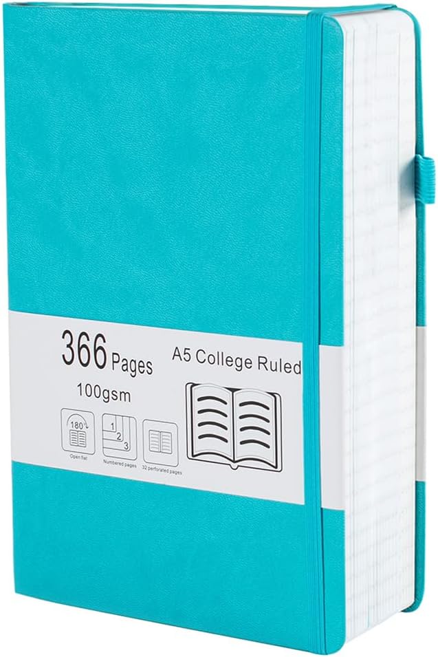 Thick College Ruled Notebook with 366 Numbered Pages, A5 Journals for Writing with 100GSM Lined Paper, Hardcover Leather Notebooks for Women Men School Note Taking Office Work Diary, 5.7"x8.3" Cyan
