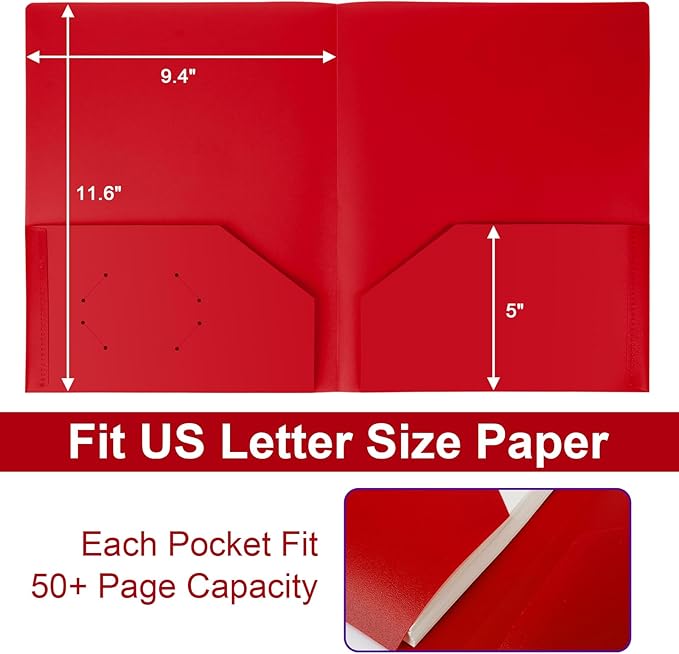 60-Pack Plastic Folders with Pockets,2-Pocket Poly Folders Holds 8-1/2" x 11" Paper for School/Office/Home, Red