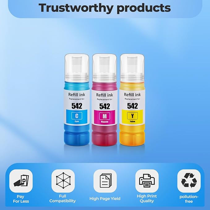 542 Ink Bottle Color Combo Pack ET-5150 ET-5170 ET-5180 ET-5850 Replacement for 542 Ink Refill Bottle Color for Ecotank Pro ET-16650 ET-5880 ET-5800 ET5150 ET-16600 Printer (Cyan/Magenta/Yellow)
